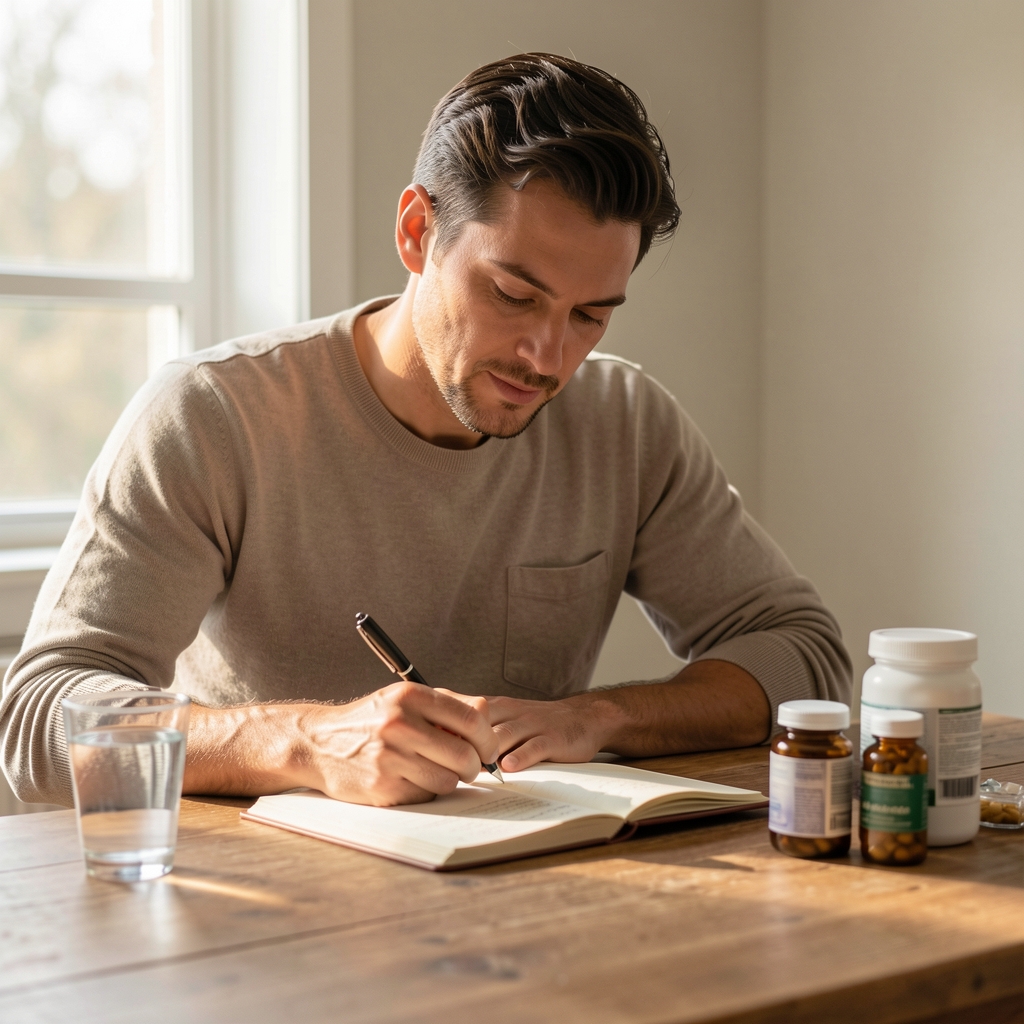 Man journalling at a wooden desk in soft morning daylight with a glass of water and supplement containers nearby, natural editorial composition