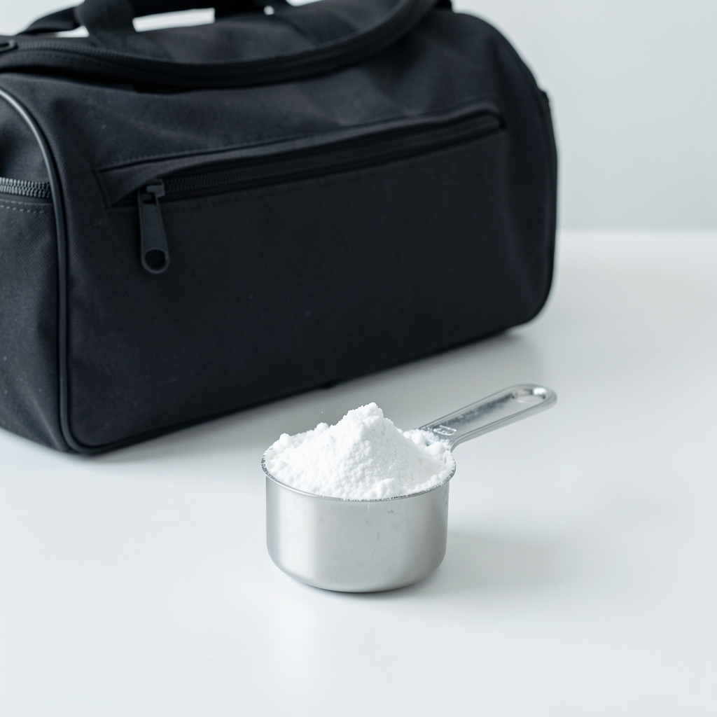 Creatine powder in a measuring scoop on a clean white surface beside a gym bag, editorial product composition